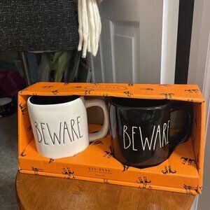 Rae Dunn "BEWARE" Mug Set In Black/White - NIB